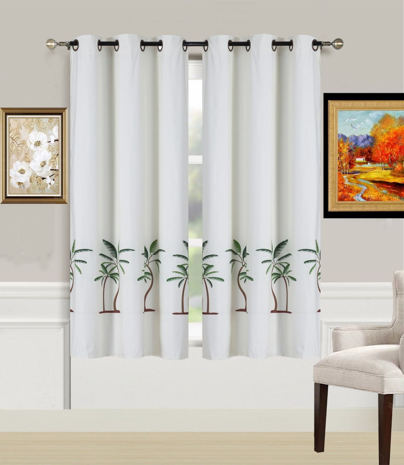 2-Piece Palm Tree Printed Lined Blackout Grommet Window Curtain