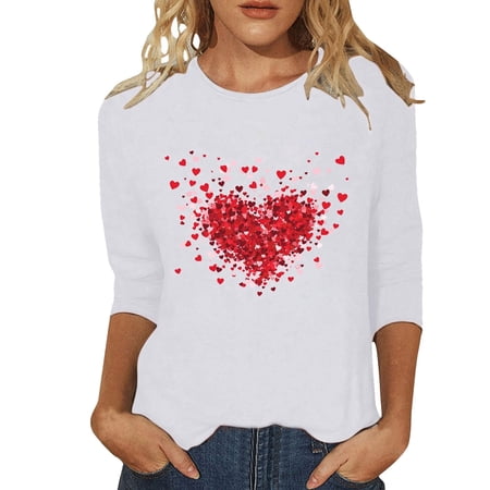 ZHOUCHANKIDS Valentine s Day Fashion Heart Print Three Quarter Sleeve Casual Stylish T-Shirt For Women Printed Tee Soft Comfortable Casual Short Sleeve Top for Everyday Wear White S
