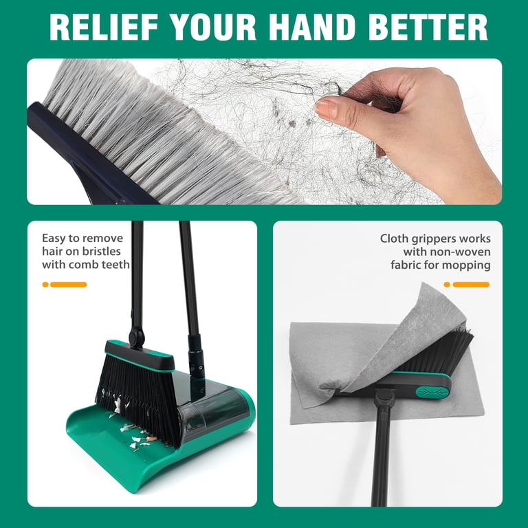 JEHONN, Dustpan and Broom Set, Green, 53.5 inch Long Handle