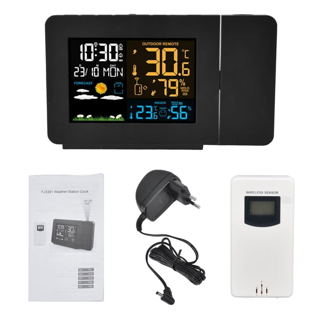 Termómetro interior y exterior, reloj de transmisión de 60m, función de proyección, predicción de temperatura, higrómetro Digital, UE 100-240V