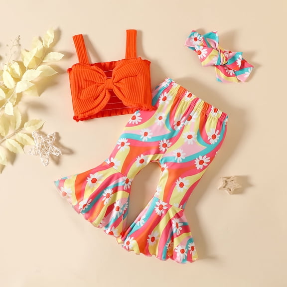 Wavsuf Toddler Girl Clothes Sets Pants Cute Flared Printed Sleeveless Comfort Orange Vest Size 18-24Months