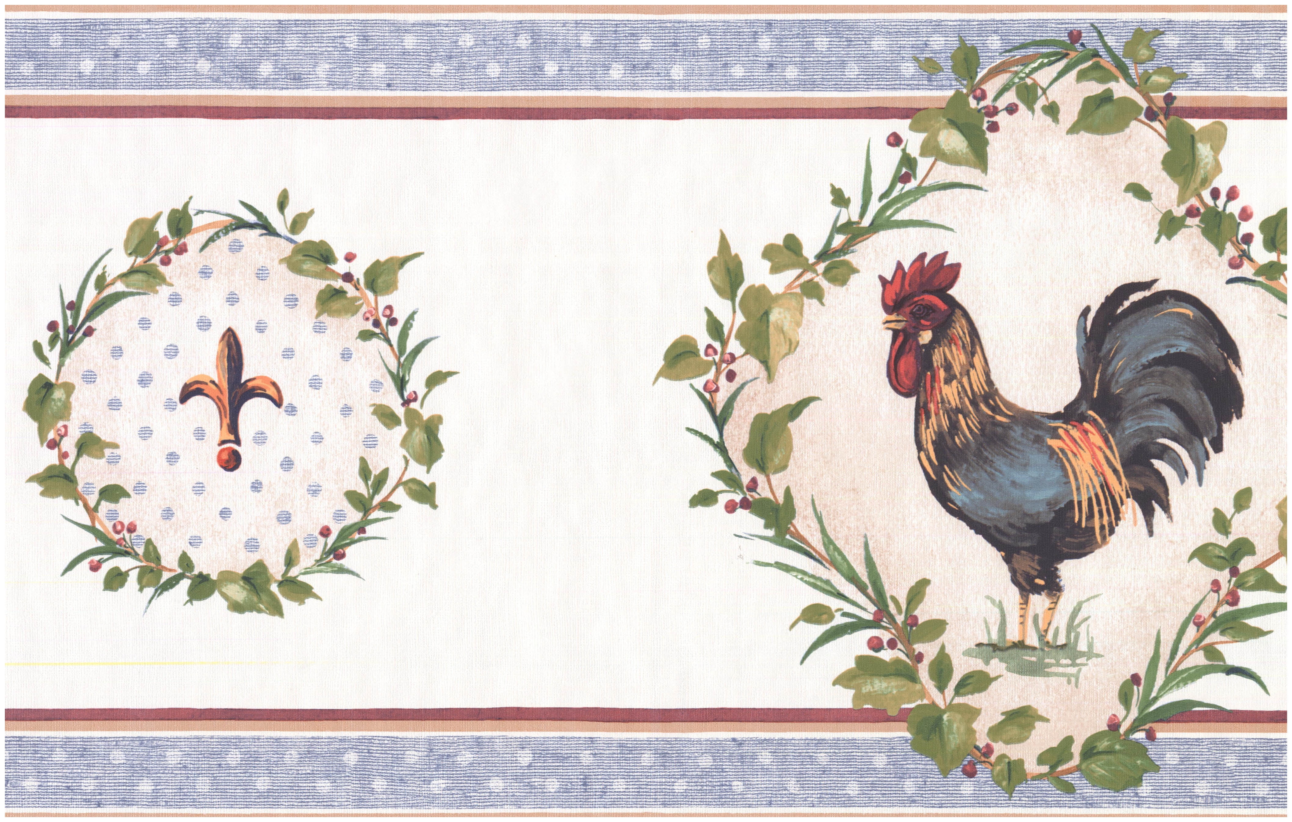 Prepasted Wall Border Rooster Fleurdelis in Wreath White Wallpaper