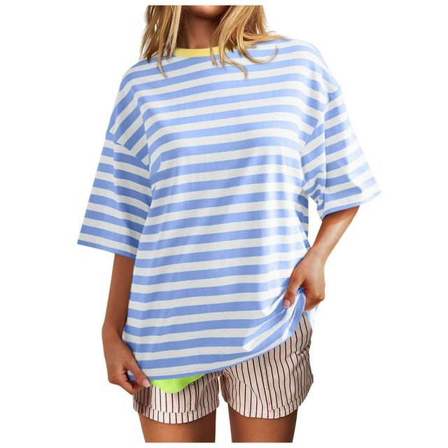 Women Oversized Striped Short Sleeve T Shirts Color Block Crew Neck Basic Shirt Casual Summer Tee Tops