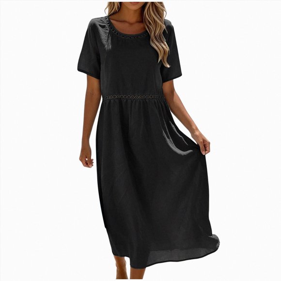 Gubotare Summer Dresses for Women Fashion Boho Hollow Out Trim Short Sleeve Maxi Dress Comfy Breathable A Line Long Dresses (Black,S)