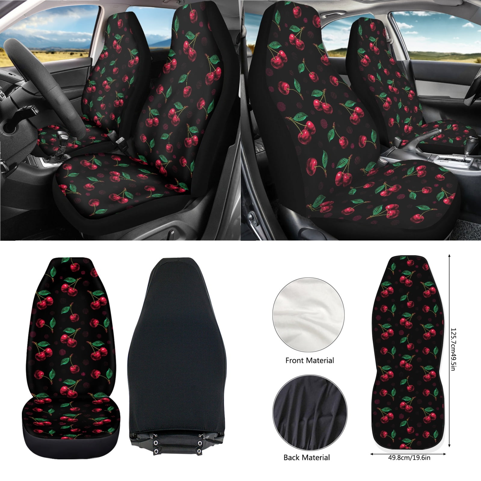 Renewold Cute Cherry Black 12 PCS Front Car Seat Cover Set with Steering Wheel Rear View Mirror Cover Seat Belt Strap Protector Armrest Box Mat Cup Holder Trash Bag Air Vent Storage Pocket Keychain