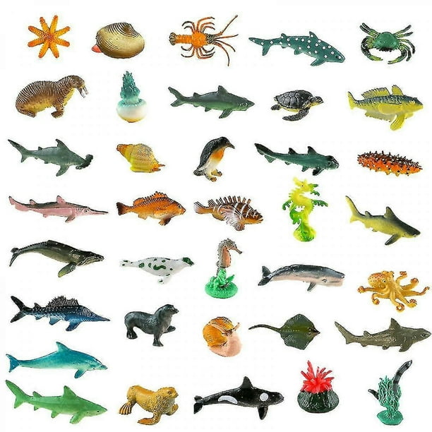 CHAO Juguetes de criaturas marinas, 36 piezas, figuras de animales marinos, juguetes de tiburones para niños pequeños, decoraciones para niños, juguetes de peces de plástico, paquete preescolar y jueg