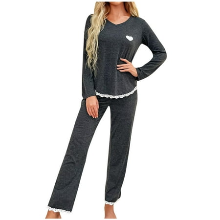 

RQYYD Reduced Women s Cute Pajama Set 2 Piece Sweatsuit Sets V Neck Long Sleeve Pj Pants Set Heart Lace Trim Nightwear Outfits(Gray S)