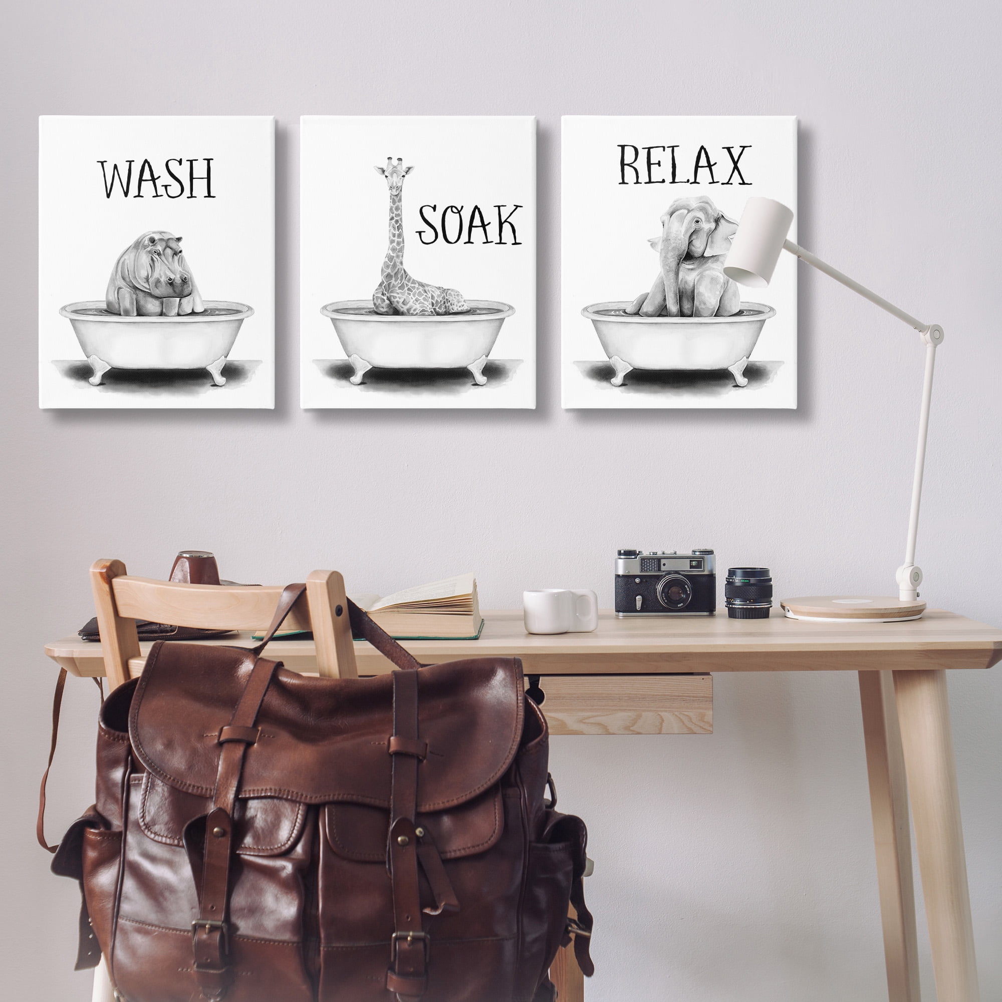 Stupell Industries Wash Soak And Relax Jungle Animal Bath Tub Canvas Wall Art Design by Rachel Nieman, 3 Piece, 24" x 30"