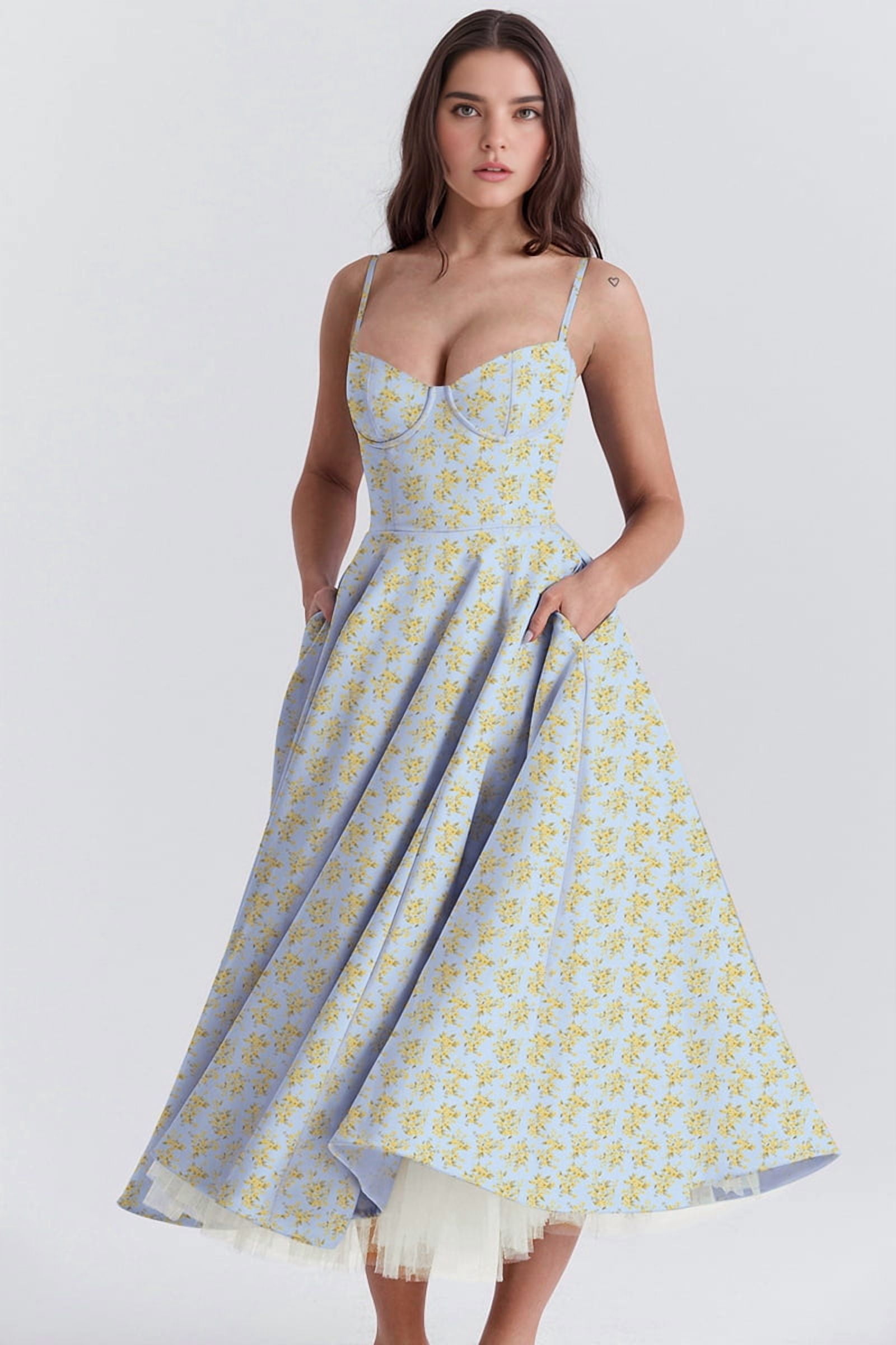 Wedding Guest Dresses for Women Spaghetti Straps Corset Homecoming Floral Lace Maxi Prom Dresses Blue Bottom L