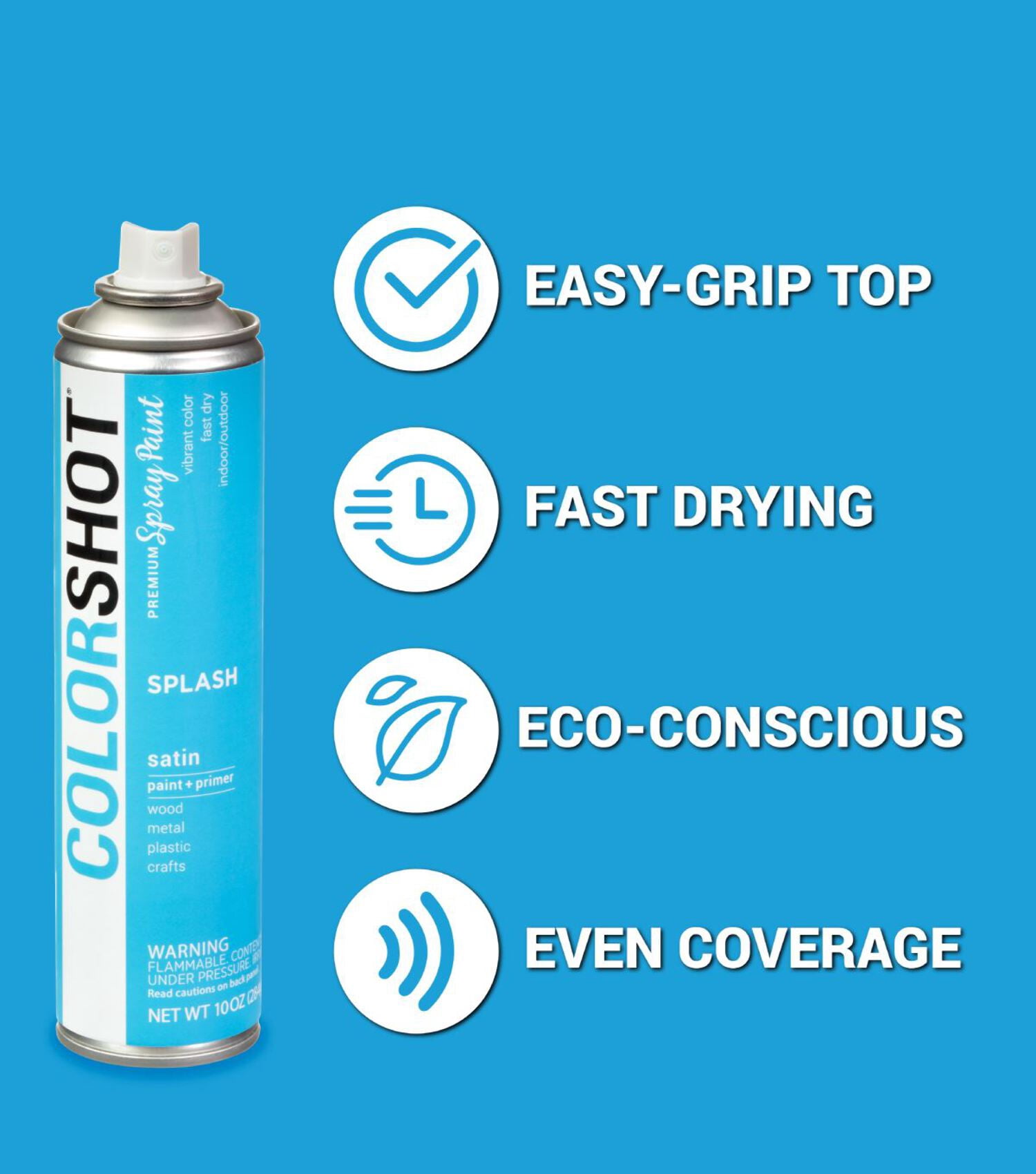 COLORSHOT Satin Spray Paint, Splash (Medium Blue) 10 oz. 4 Pack, Fast-Drying Acrylic Paint, Indoor & Outdoor Use