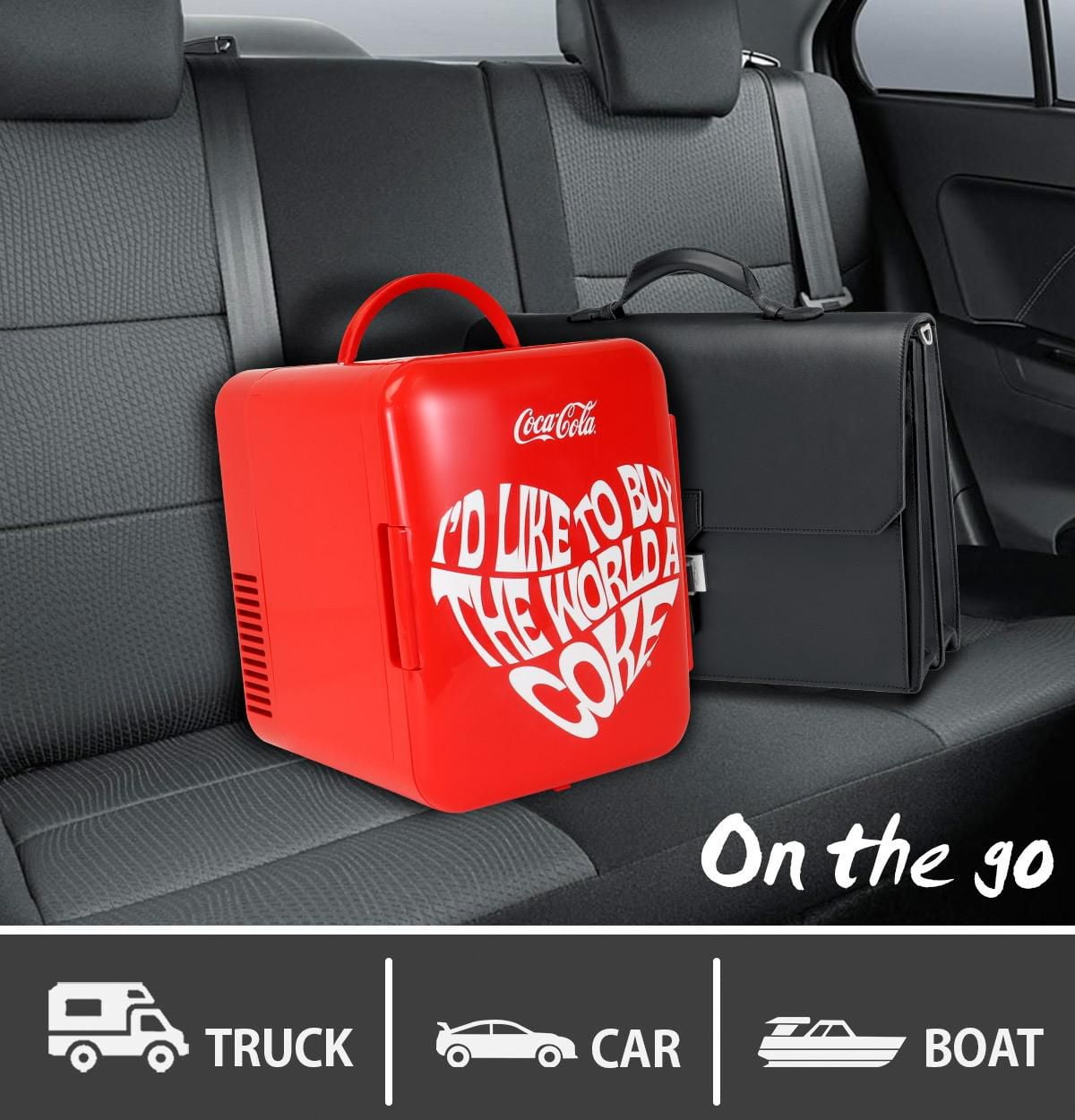 Coca-Cola 4L Portable Mini Fridge, 6 Can Mini Cooler/ Warmer for Travel, Office & Home- Red