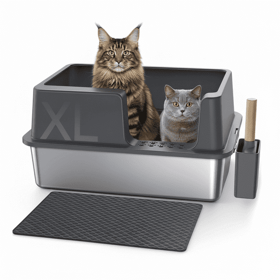 Gimars XL Stainless Steel Cat Litter Box 60 x 40 x 31cm, 36L High Sided Metal Litter Tray with Scoop and Mat