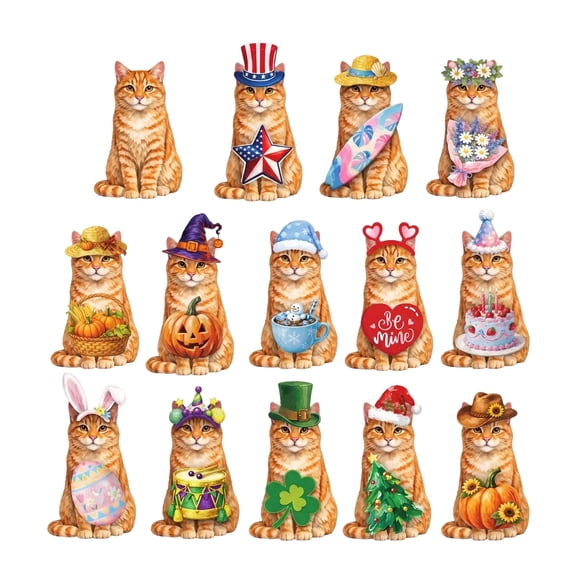 Interchangeable Seasonal Animal Wooden Decor Set, Cute DIY Cat Wooden Desk Sign with Interchangeable Holiday Outfit Accessories for Home Office Tiered Tray Decoration Set A