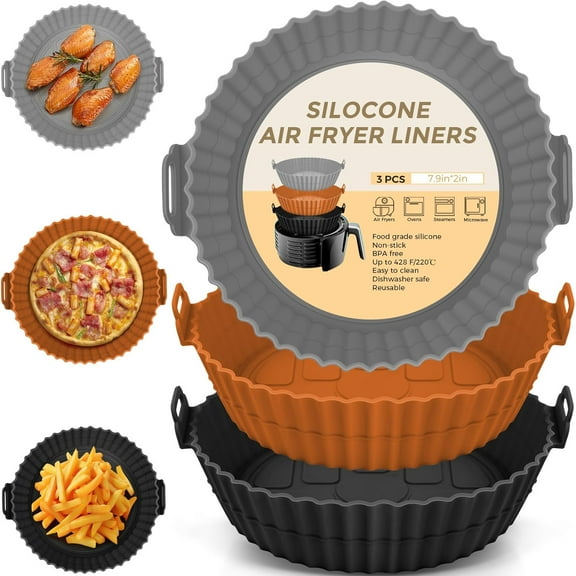 3 Pack Air Fryer Silicone Liners Pot for 4 to 6 QT, Air Fryer Silicone Basket Bowl, Replacement of Flammable Parchment Paper, Reusable Baking Tray Oven Accessories (Top 8in, Bottom 6.7in)