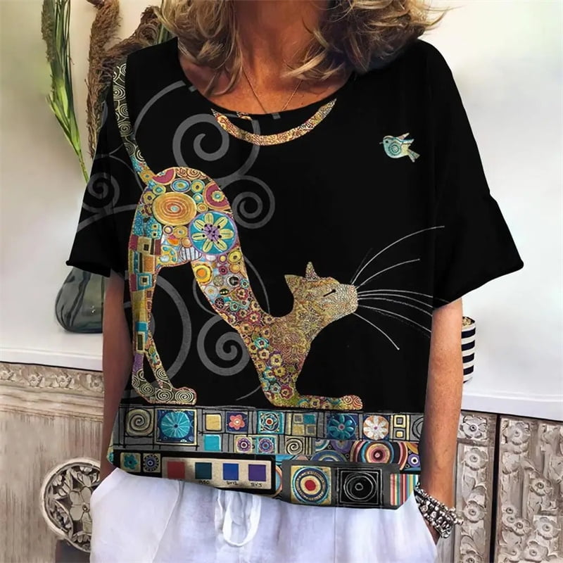 T-shirt Femme Manches Courtes à Motif Chat - 95% Polyester 5% élasthanne, Coupe Ample, Tailles S à 3XL