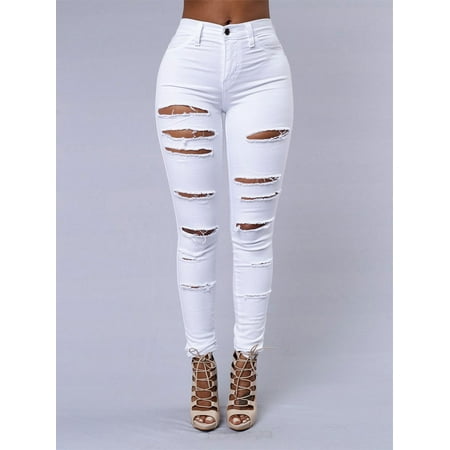 Women's Ripped Tight Sexy Skinny Pants Jeans Solid Color Pants ...