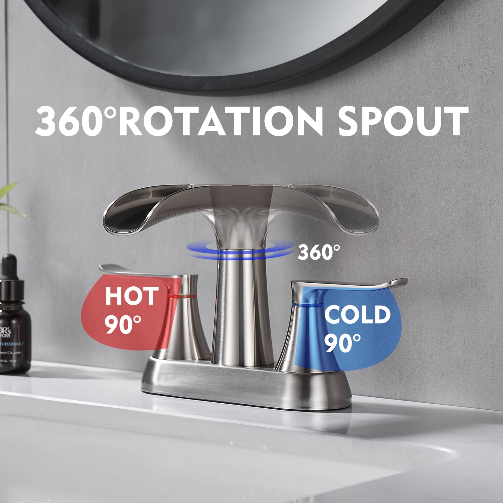 Brushed Nickel Bathroom Faucet,Yundoom 4 Inch Centerset Bathroom Faucet,Waterfall Bathroom Faucet,2 Handle Bathroom Faucet for Sink,360 Degree Swivel Spout Bathroom Sink Faucet with Pop Up Drain