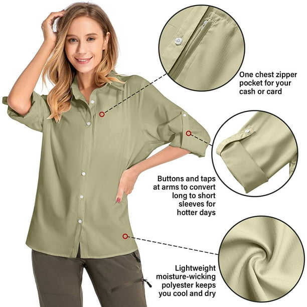 Womens Safari Shirts UPF 50+ UV Sun Protection Long Sleeve Outdoor Cool  Quick Dry Fishing Hiking Shirt 