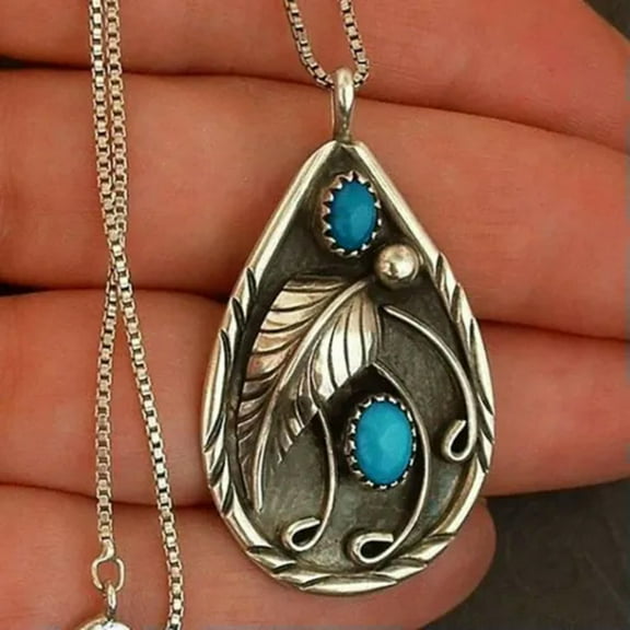 HOOUN Vintage Tibetan 925 Silver Turquoise Feather Chain Pendant Necklace Boho Jewelry-1#Turquoise Leaf