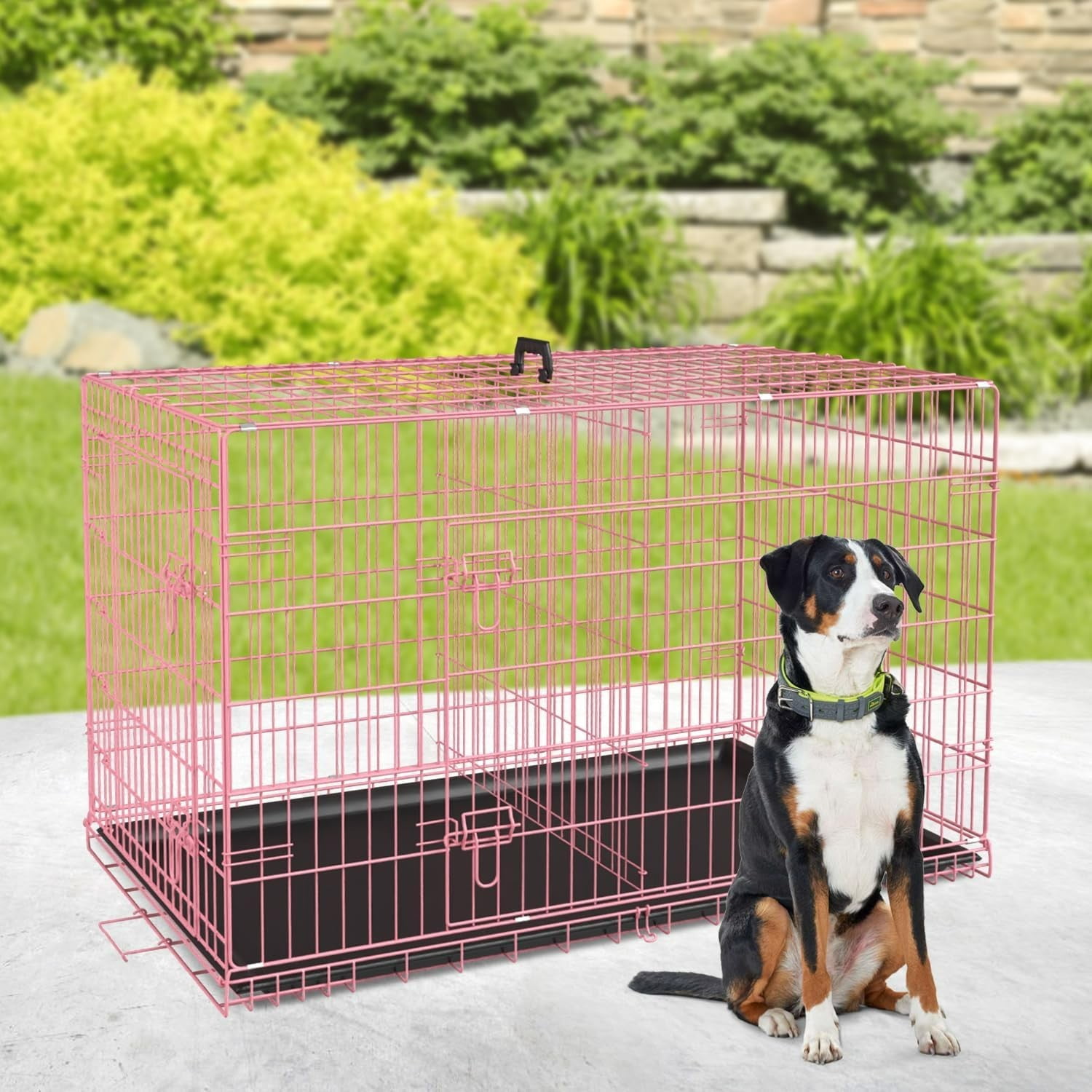 Extra Large Dog Crate Dog Kennel Cage with Double Door,30 inch Folding Metal Wire Dog Cage with Removable Tray&Divider Panel,Pet Crate for Large Dogs,Pink