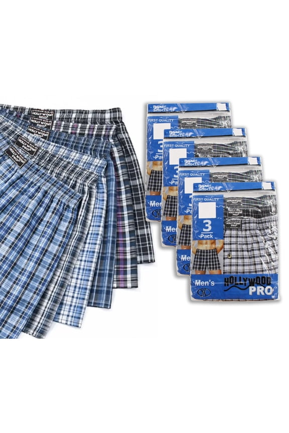 Men's Shorts Trunks Plaid Check Underwear Cotton Blend Button Fly Boxers 12 Pack (L)