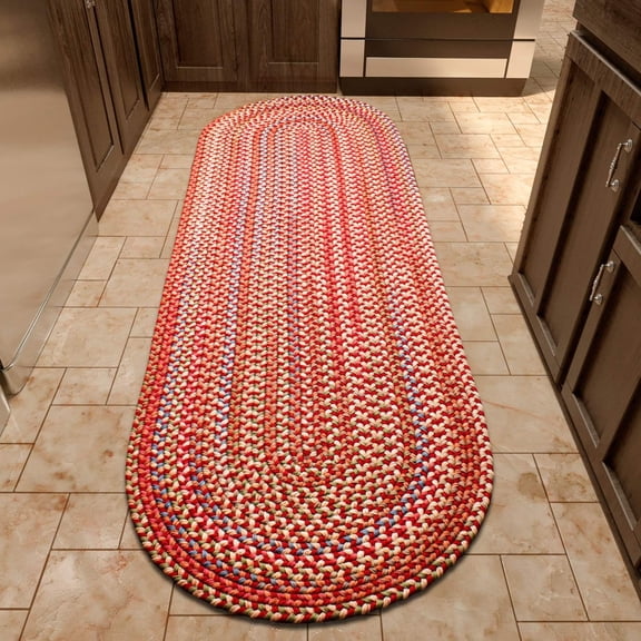 Super Area Rugs Roxbury American Made Braided Rug for Indoor Outdoor Spaces, Red/Natural Multi, 2' X 8' Oval Runner