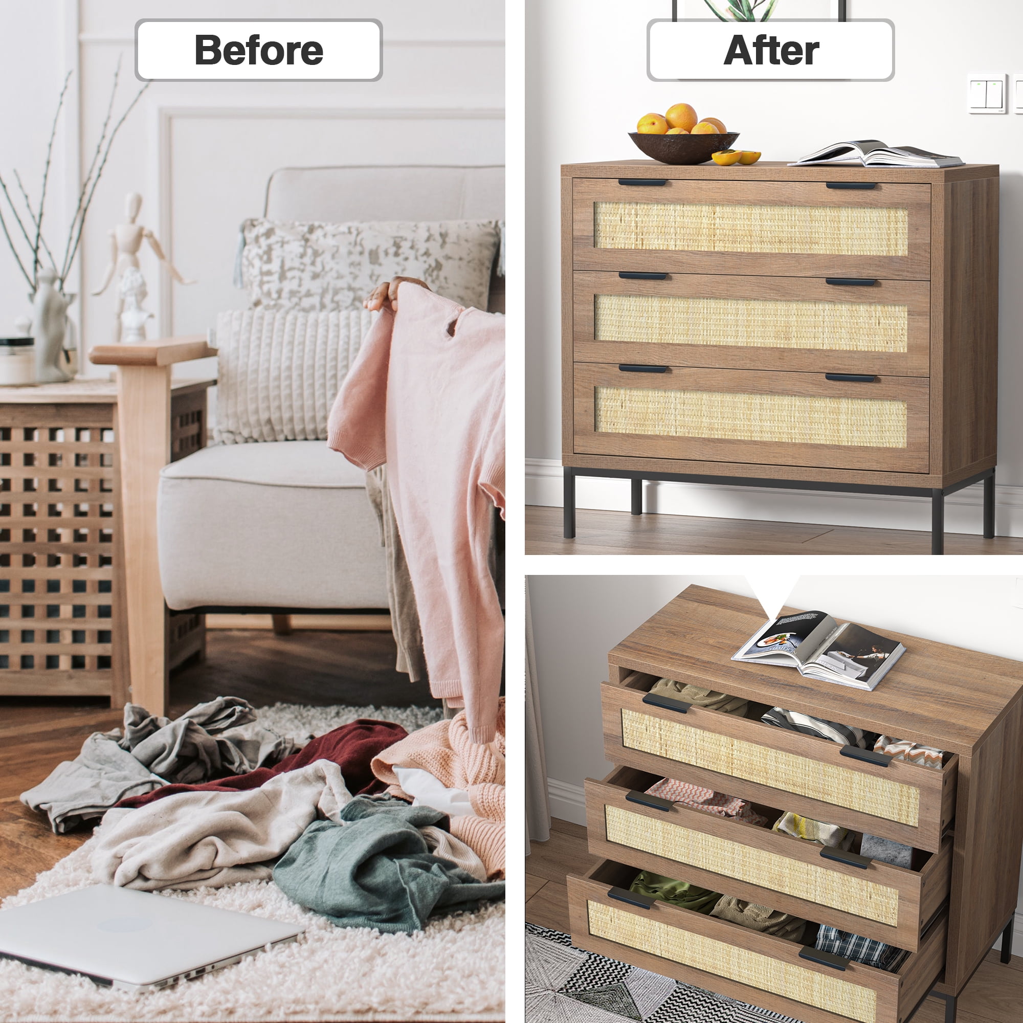 Eumyviv Mid-Century 3-Drawer Dresser, Rustic Wood Chest for Bedroom Living Room, Oak