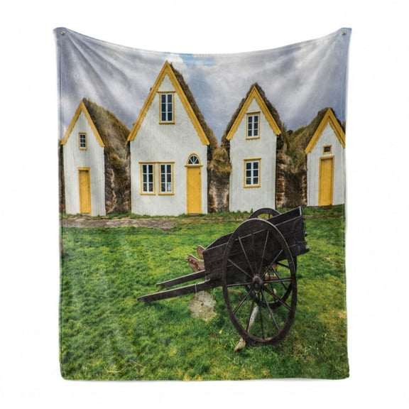 Iceland Soft Flannel Fleece Throw Blanket, Antique Traditional Icelandic Turf Viking Houses with Wheelbarrow Rural Setting, Cozy Plush for Indoor and Outdoor Use, 50" x 60", Multicolor, by Ambesonne