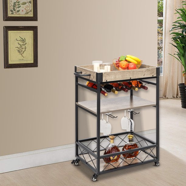 Saytay Solid Wood Kitchen Serving Carts Rolling Bar Cart With 3 Tier Storage Shelves Island Wine Glass Holder Handle Racks Lockable Caster Liquor Removable Top Box Container Com Saytay Solid Wood Kitchen Serving Carts, Solid Wood Kitchen Island Carton