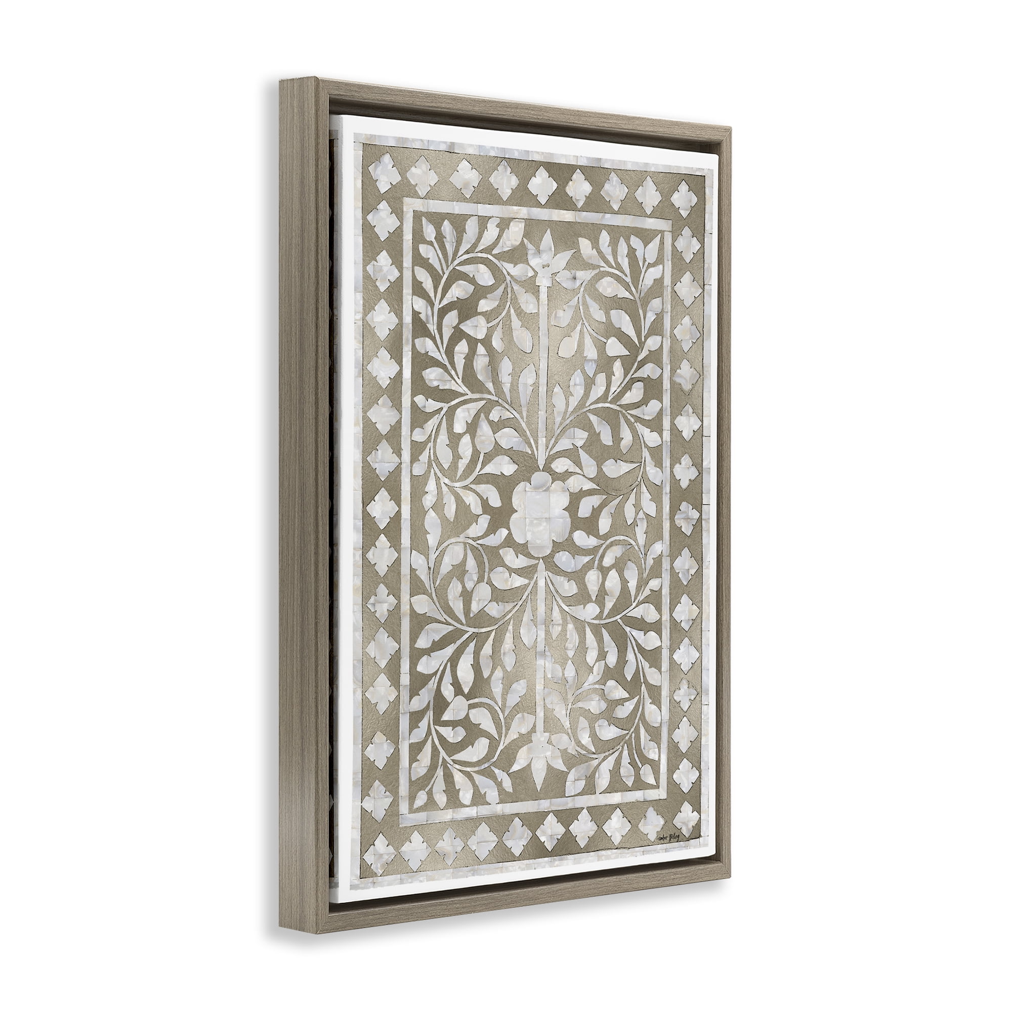 Stupell Industries Arabesque Bohemian Pattern Botanical & Floral Painting Brown Floater Framed Canvas Art Print Wall Art, 17 x 25