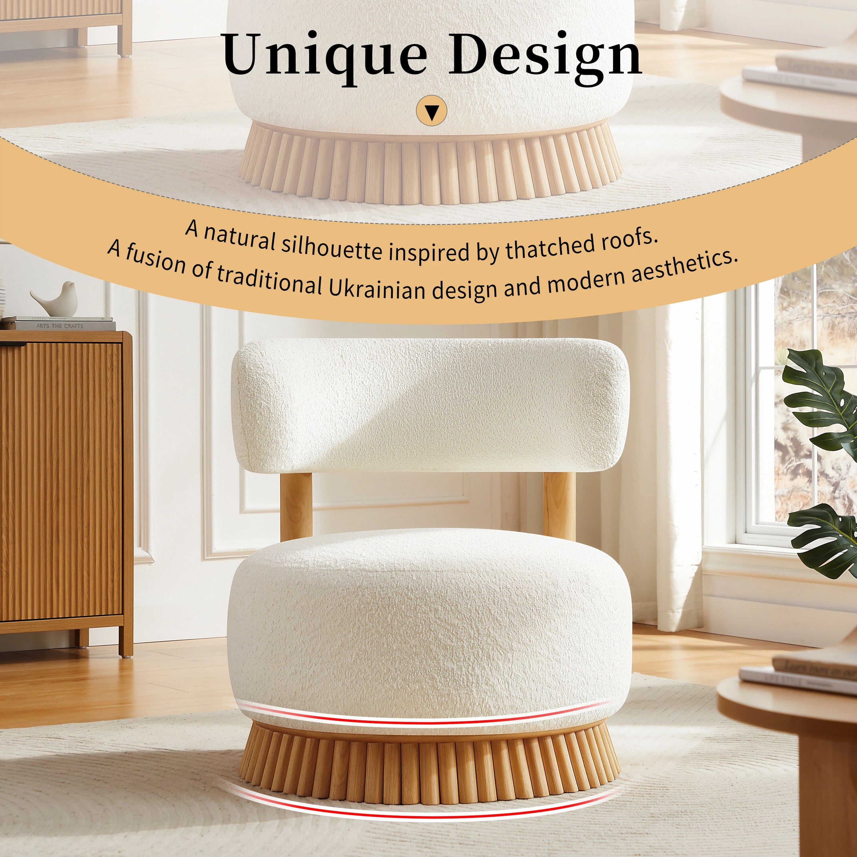 Euroco Farmhouse Armless Chair, Cozy Upholstered Armless Lounge Chair with Thatched Roof Rod Design and Wood Frame,Fabric Comfy Reading Chair for Bedroom,Living Room,Beige