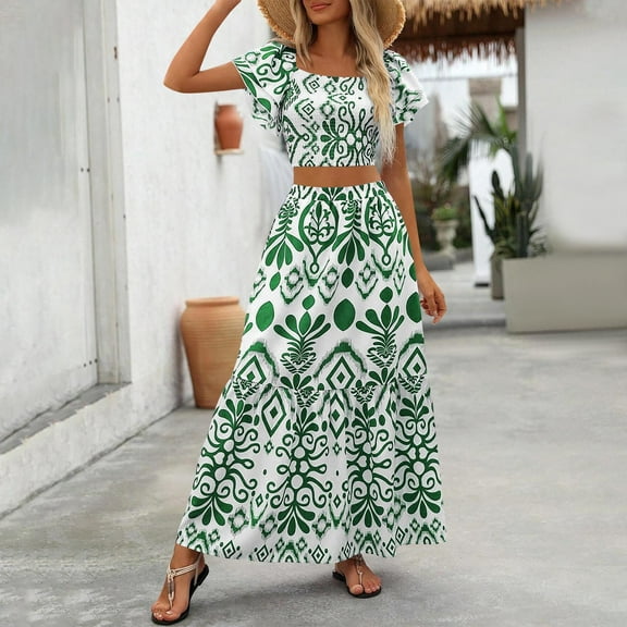 Karight Womens 2 Piece Boho Print Outfit, Square Neck Puff Sleeve Crop Top and Tiered Maxi Skirt Set