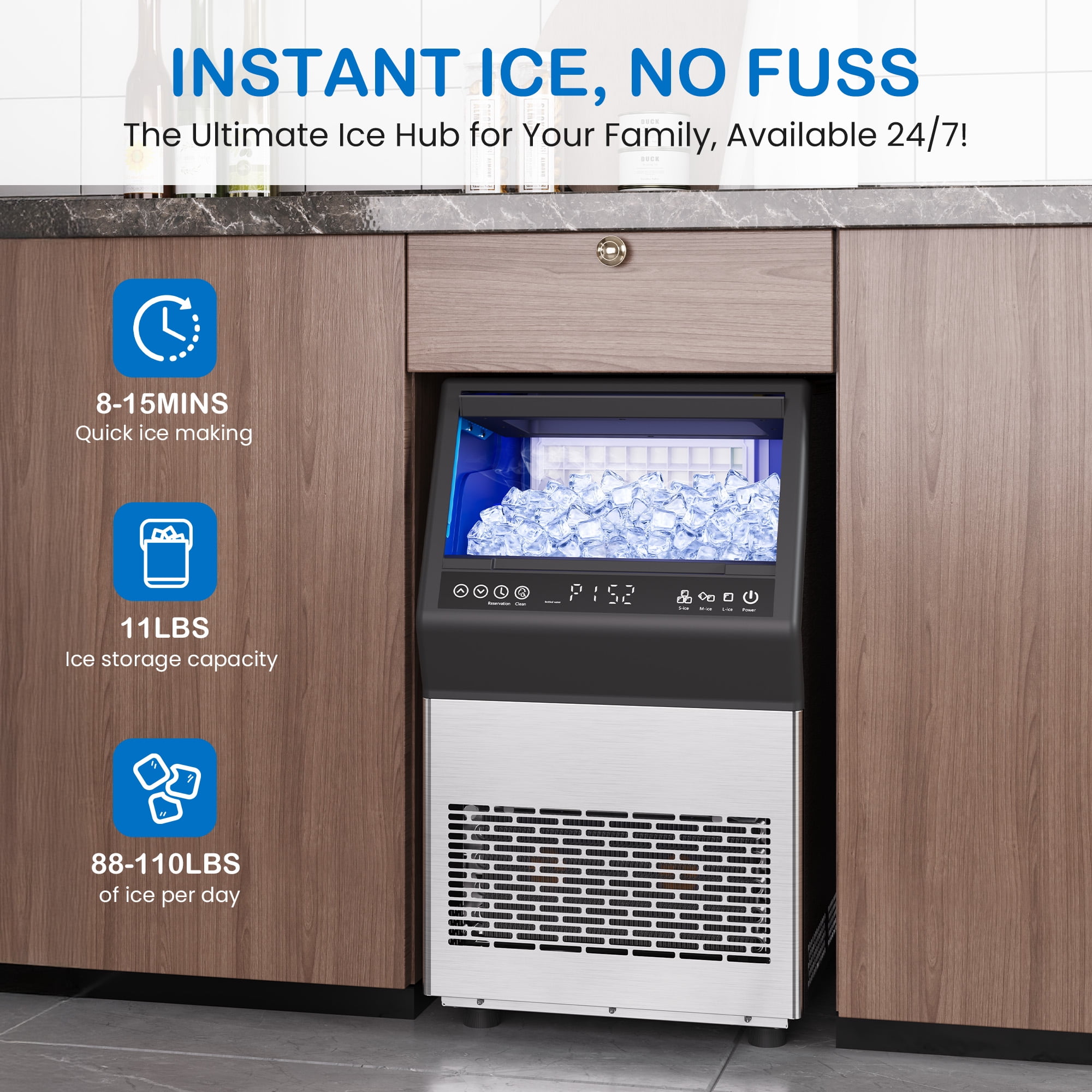 Heynemo commercial Cube Ice Maker Machine: 88-110 lbs/24H, 8-15 Minutes Fast Ice Production, Large Ice Maker with Dual Water Supply, Energy-Efficient for Home, Bar & Restaurant, Sliver