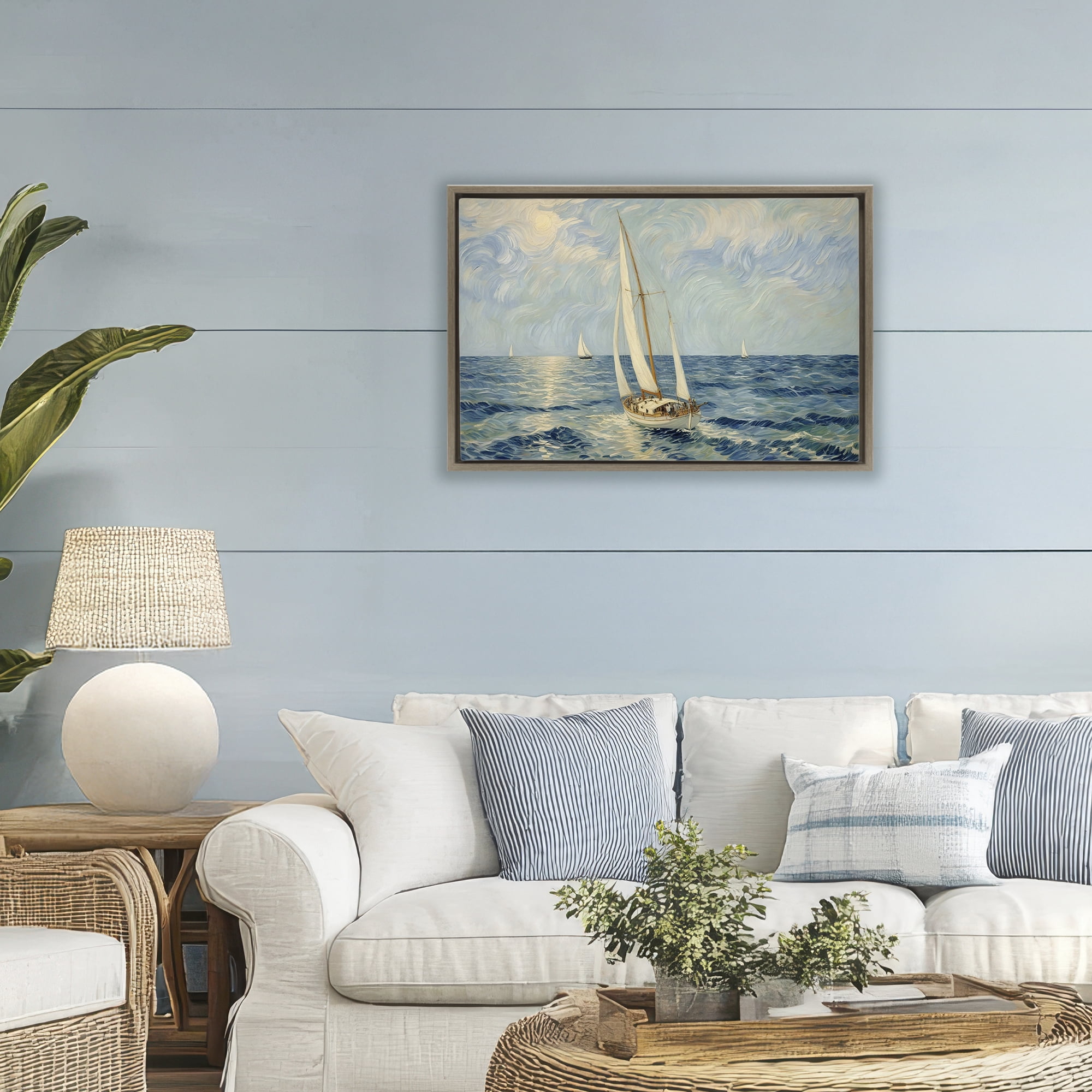Stupell Industries Sailing Yacht on Blue Sea Brown Framed Floater Canvas Wall Art, design by Angie Hawke