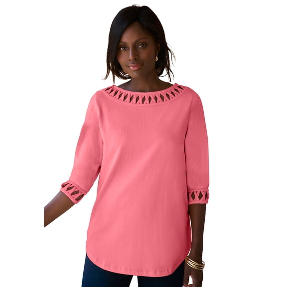 Jessica London Women's Plus Size Stretch Cotton Lattice Boatneck Tunic