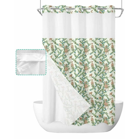 No Hook Shower Curtain with Snap in Liner, Animals Deer and Green Branches Pattern Hotel Shower Curtains for Bathroom, Washable Shower Curtain Liner Set with Mesh Top Window, 36"x78"