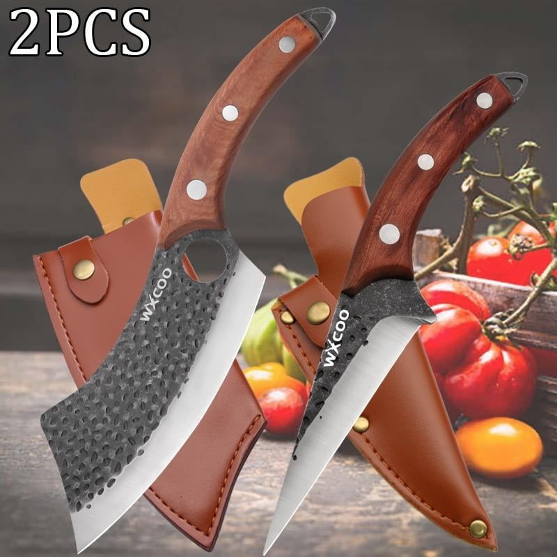 2PCS Stainless Steel Sharp Chef Knife Utility Knife Boning Knife Handmade Forged Knife Multipurpose Knife Unique Knives for Cooking Kitchen Must Haves Camping Knife Fruit Fish Meat Cleaver Barbecue