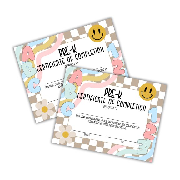 Pre-K Graduation Certificate of Completion Award 30pk 8.5x11 End of Year Hand Out Tan Checkered Modern 90s Smiley Faces Friendship Bracelets