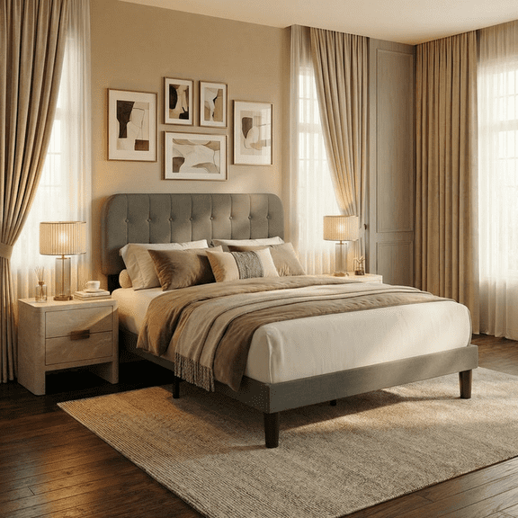 Upholstered Platform Bed Frame with Headboard, Sturdy Wooden Slats, Noise-Free, No Box Spring Needed, Easy Assembly, Modern Bedroom Furniture - Full, Dark Gray