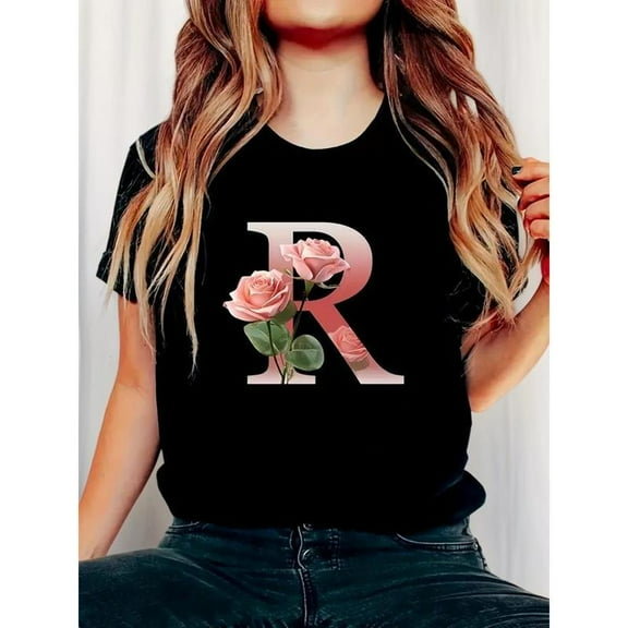 Women's Rose Floral T-Shirt Cotton Summer Casual Crew Neck Short Sleeve Graphic Tee Blouse Top Black S-5XL