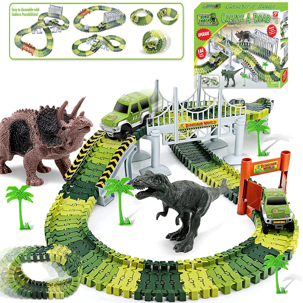 LAYADO 144pcs Dinosaur Race Car Track Toy Set ,Dinosaur World Road Race