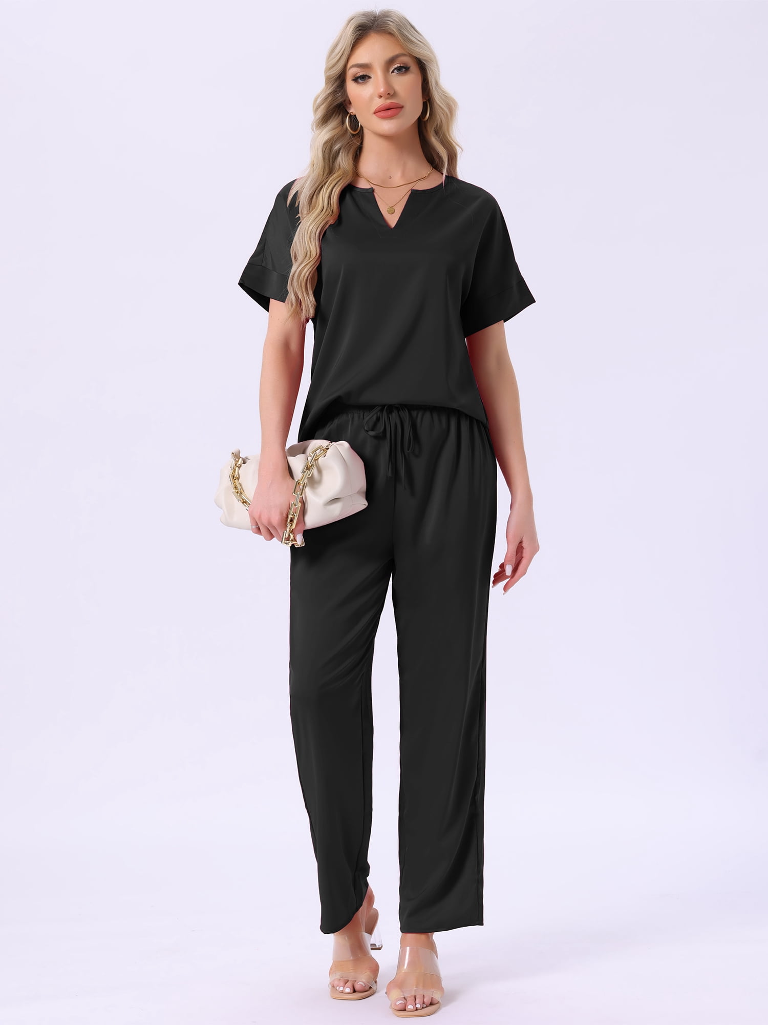 DARING DIVA Satin Pajamas Silky Short Sleeve V Neck Shirt Long Pant Set M Black
