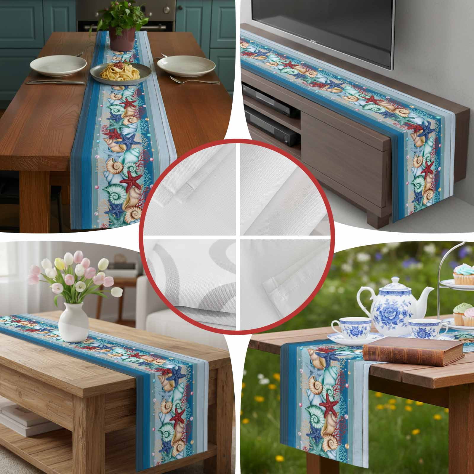 Watercolor Marine Life Starfish Table Runner 90 Inches Long, Blue Wood Grain Table Runners Tabletop Scarf Kitchen Dining Tables Decoration for Home Party Indoor Outdoor