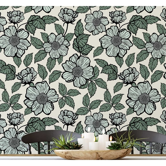 S4sassy Removable Nature-inspired Waterproof Wall Wrap, Wallcover, Blossom Print Contact Paper for Wall, Cabinet, and Dresser, Self Adhesive Vinyl Wallpaper Roll, DIY Home Decor- Green-25"x120" inch