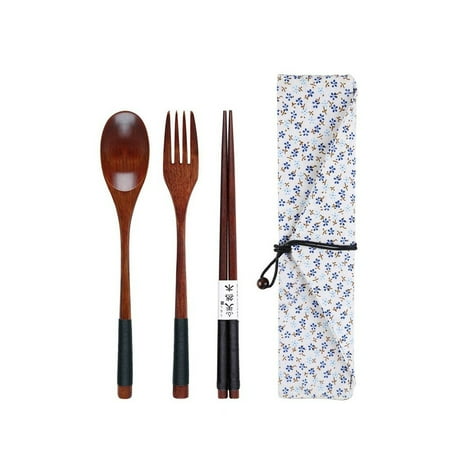 

Wooden Chopsticks Spoons Forks Picnic Tableware Three-Piece Cloth Bag Set