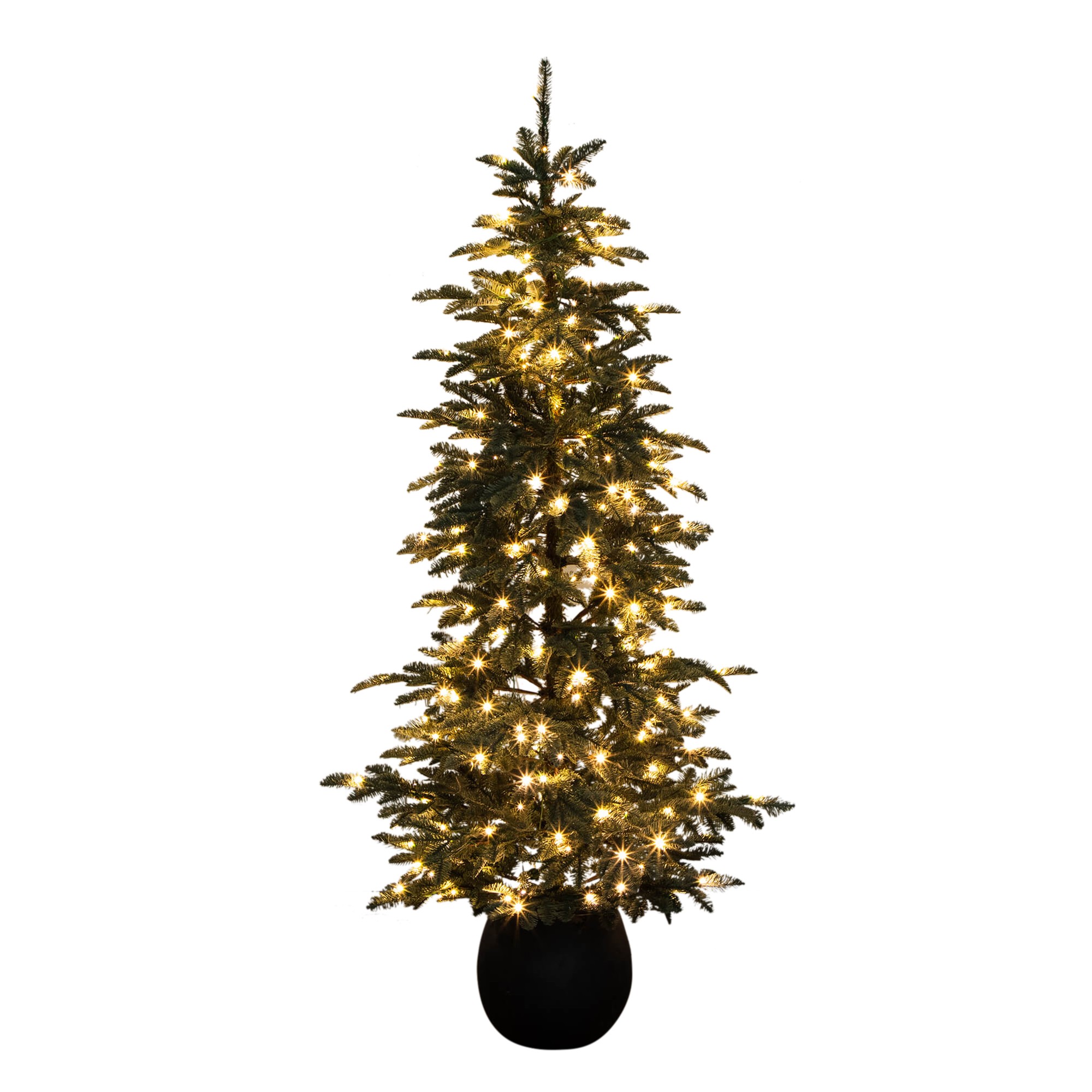 Nearly Natural 6ft. Pre-Lit Artificial Pine Christmas Tree in Round Black Decorative Planter with 60 Warm White LED Lights