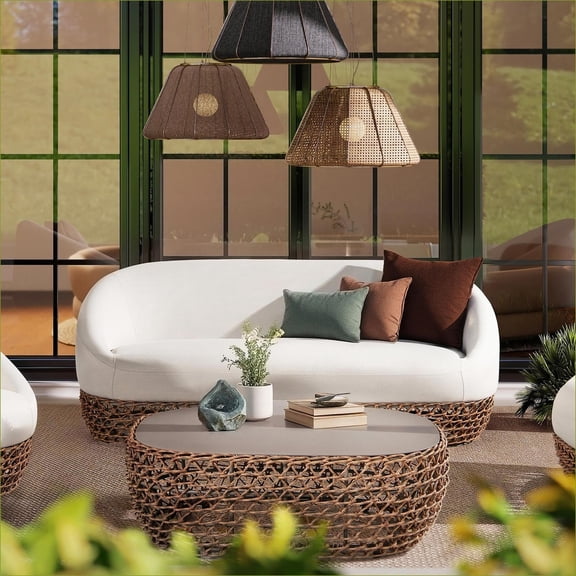 Outdoor Patio Deep Seating Sofa | 71 Inch Woven Tan Brown Wicker Frame | For Outdoor Living | Beige | Olefin