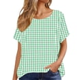 thumbnail image 5 of Women's Gingham Print Tops Crew Neck Short Sleeve Linen T-Shirt Breathable Summer Top for Going Out Vacation Green 3XL, 5 of 6