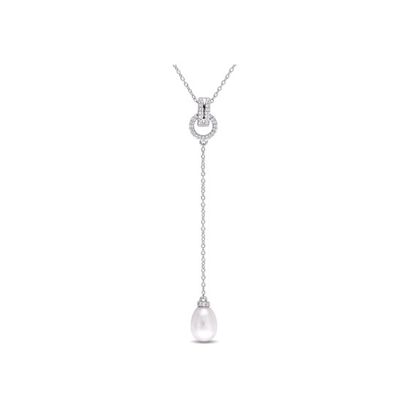 White Freshwater Cultured Pearl 8-8.5mm and White Topaz 1/5 Carat (Ctw) Drop Pendant Necklace Sterling Silver for Women
