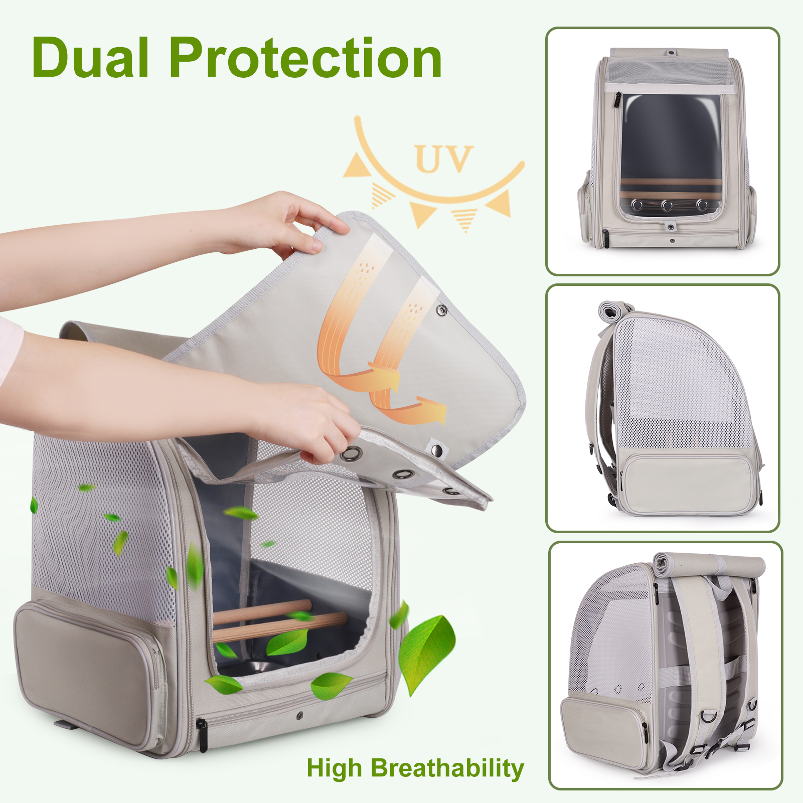 halinfer Bird Carrier Backpack, Pet Travel Cage with Standing Perches, Breathable Portable Transport Carrier for Parakeet, Budgie, Conure, Cockatiel, Small Parrot